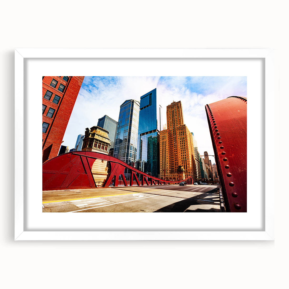 Abstract art print of Chicago skyline in muted blue and gray tones on a white framed mat, ideal for dining room decor.