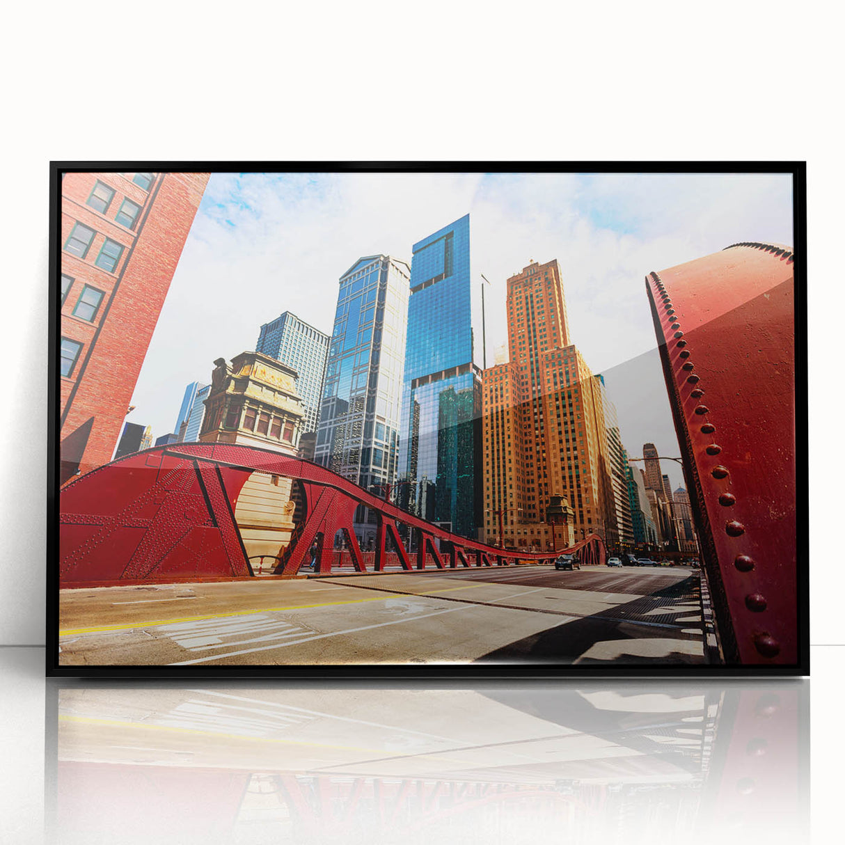 Large abstract wall art of Chicago skyline in muted gray and blue tones on framed acrylic.
