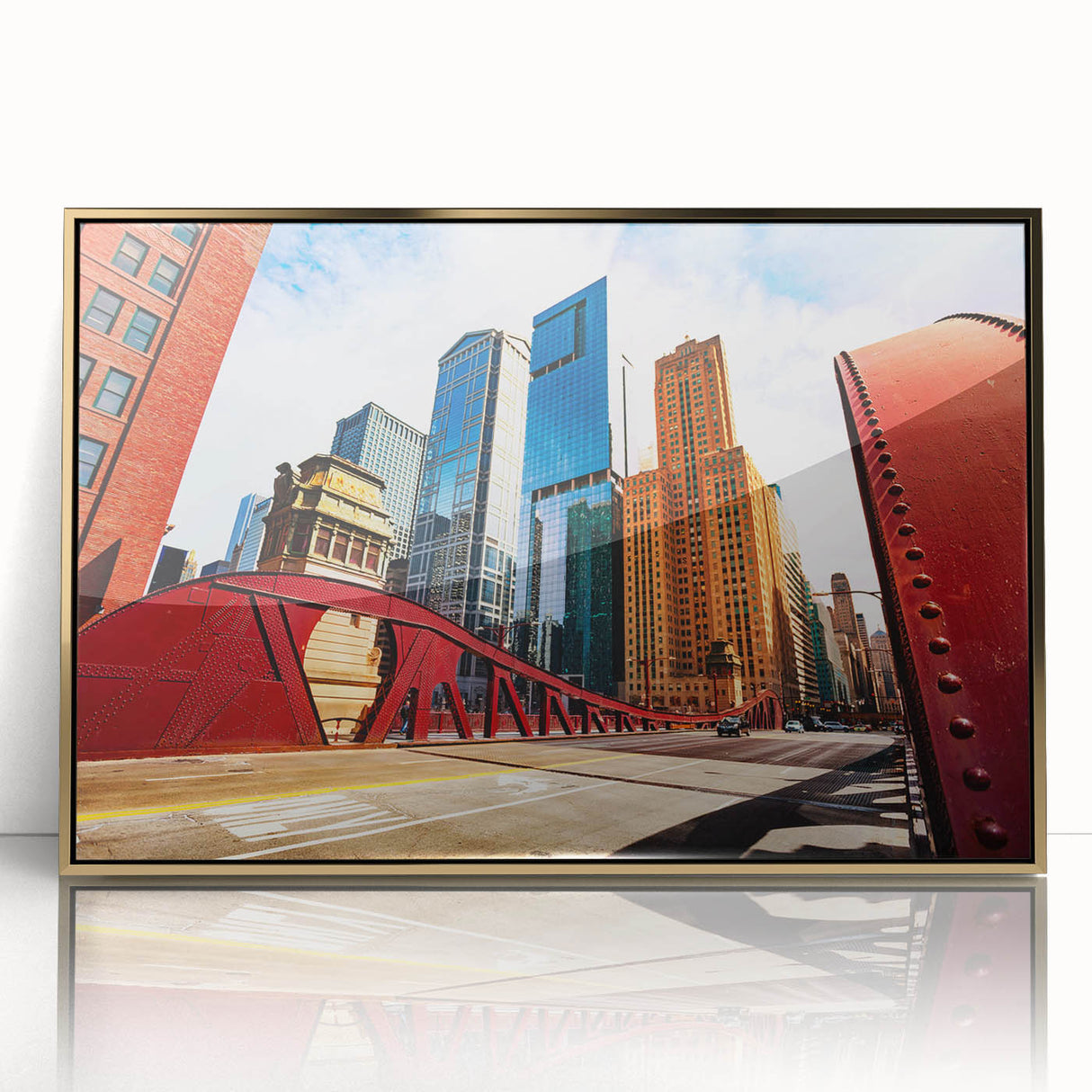 Large art print of Chicago skyline in gold and blue tones on acrylic, framed, in mid-century modernist style.