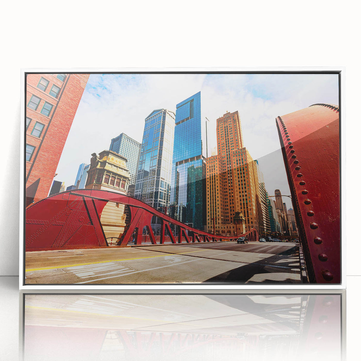 Art deco style Chicago skyline on white acrylic, framed, featuring muted gray and blue tones.
