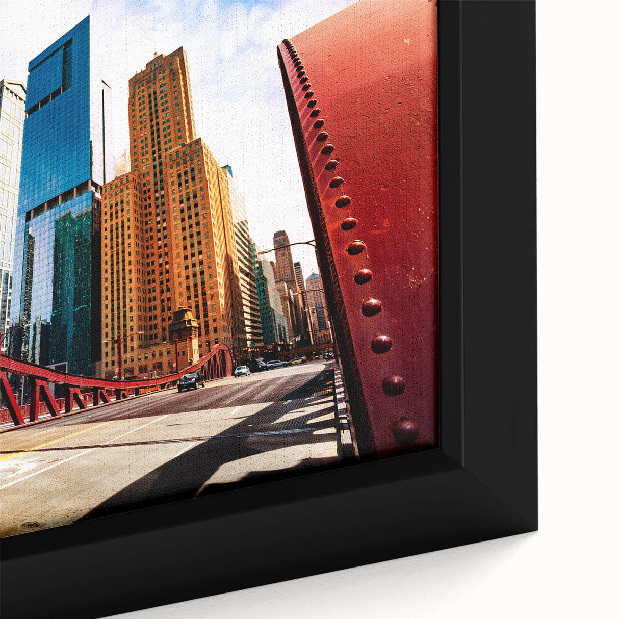 Extra large framed canvas of Chicago skyline in black with colorful, textured brush strokes, ideal for living room decor.