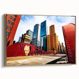 Framed canvas featuring a vintage-style Chicago skyline in black and gold tones, ideal for bedroom wall art.
