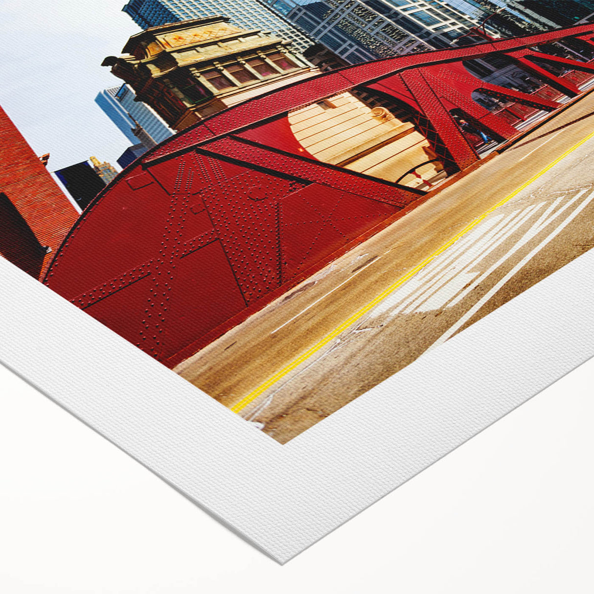Art deco poster of Chicago skyline in muted blue shades, printed on rolled canvas, suitable for dining room wall art.