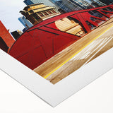 Art deco poster of Chicago skyline in muted blue shades, printed on rolled canvas, suitable for dining room wall art.