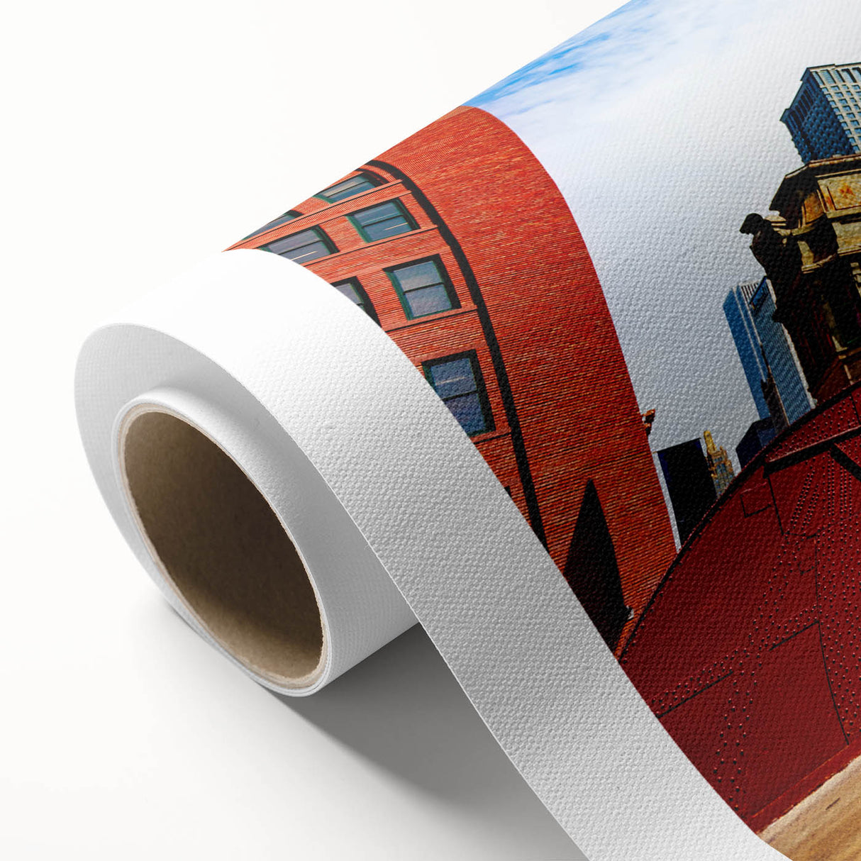 Art Deco-style Chicago skyline in muted blue and gray tones on rolled canvas, suitable for nursery wall art.