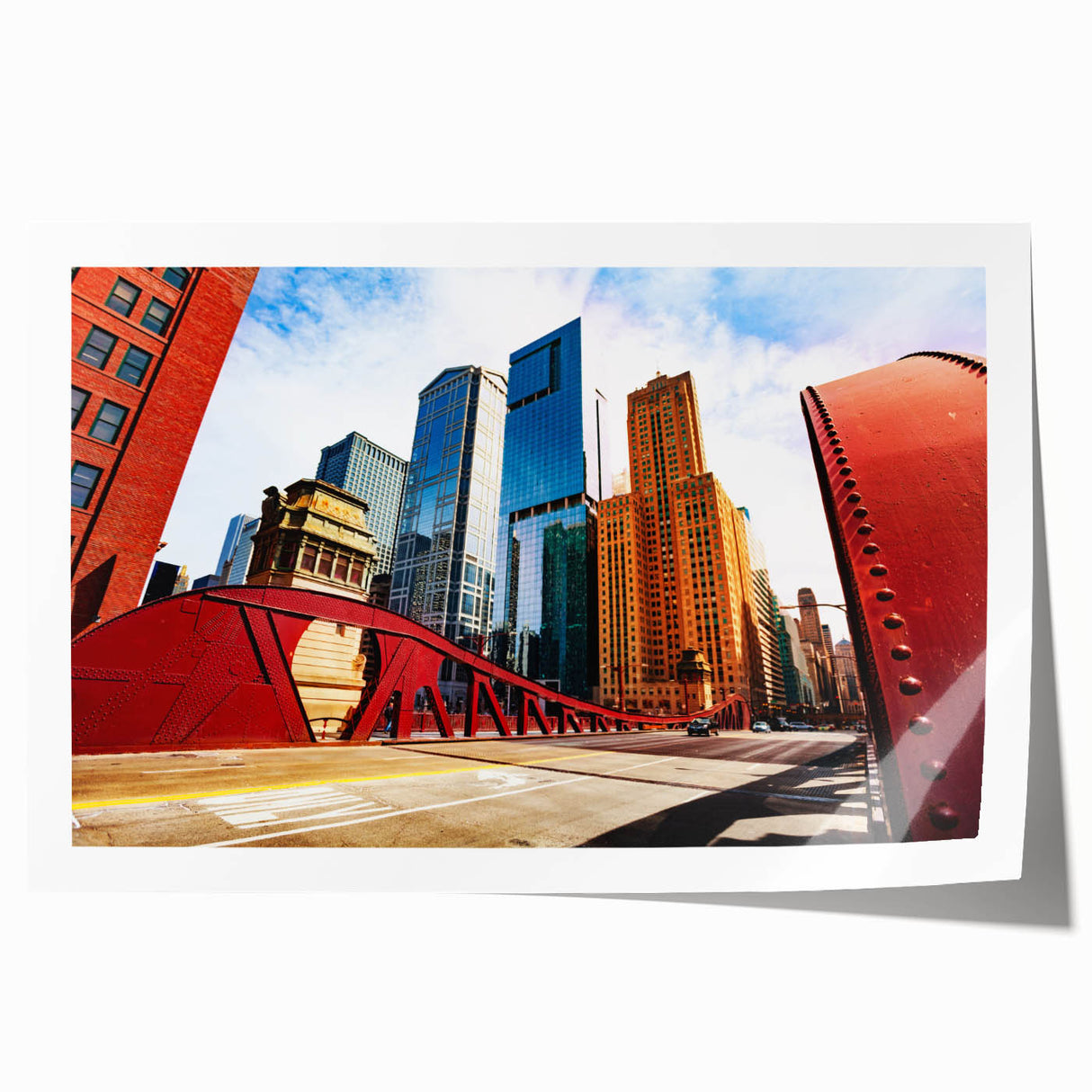 Rolled print of Chicago skyline with muted blue and gray tones, ideal for art wall dining room.