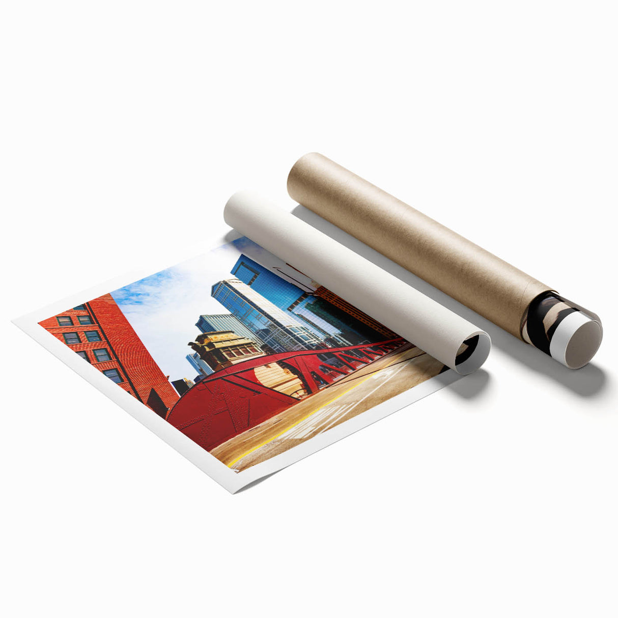 Extra large rolled print of Chicago skyline with floral accents in muted blue and green tones.