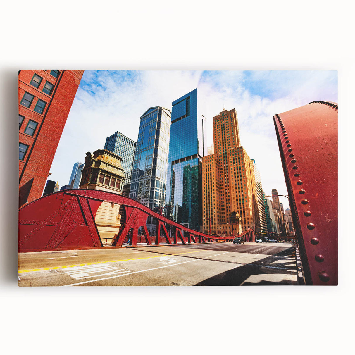 Black and white stretched canvas of Chicago skyline, ideal for kitchen wall art.