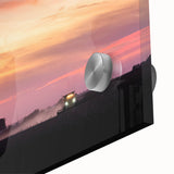 Large abstract wall art featuring a mid-century modernist design of Iowa scenery in muted earth tones on acrylic glass.