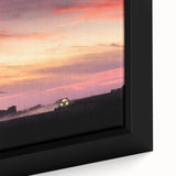 Close-up of a framed canvas featuring a textured Iowa landscape in black with colorful art accents.