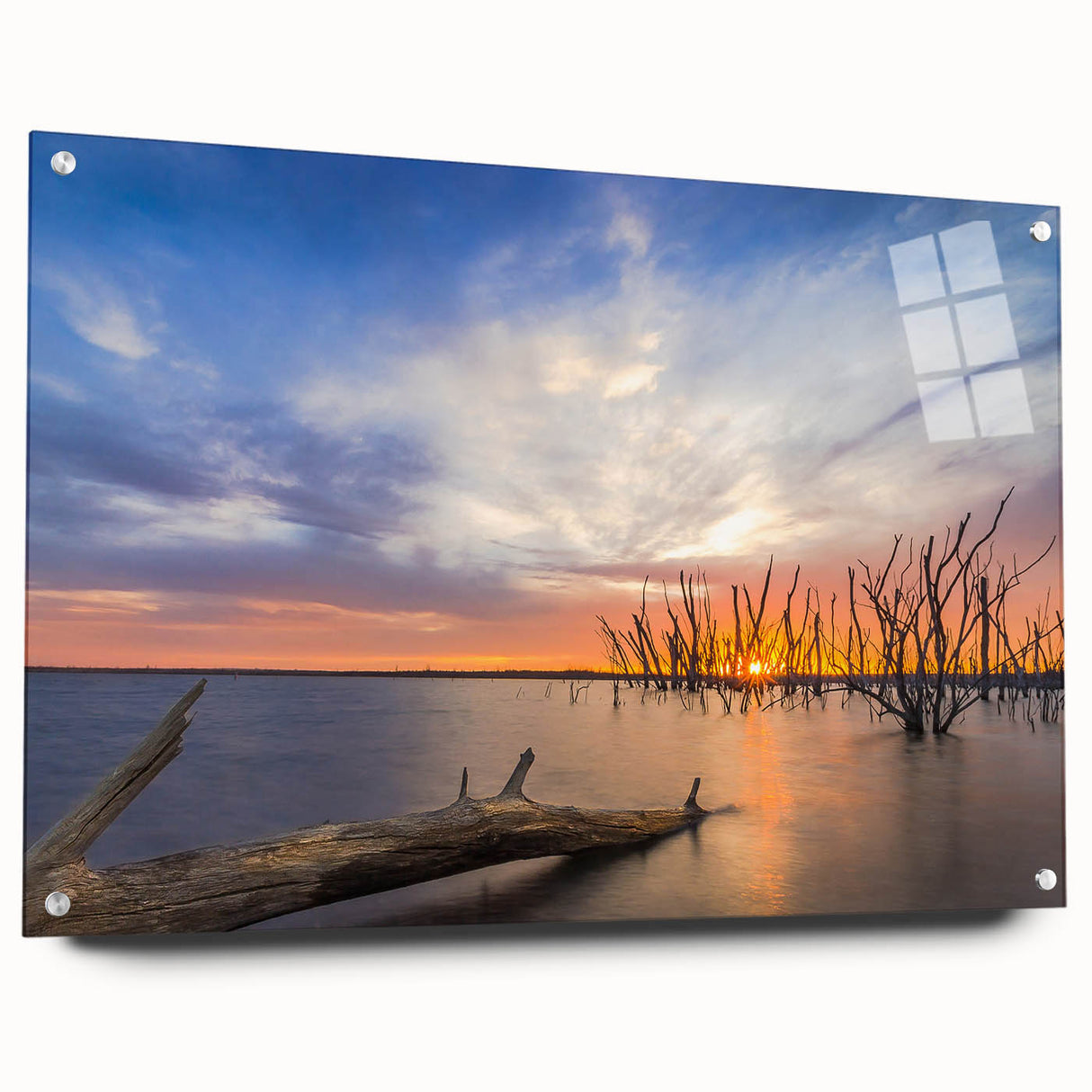 Large abstract wall art featuring vibrant shades of blue and orange on acrylic glass, ideal for dining room decor.