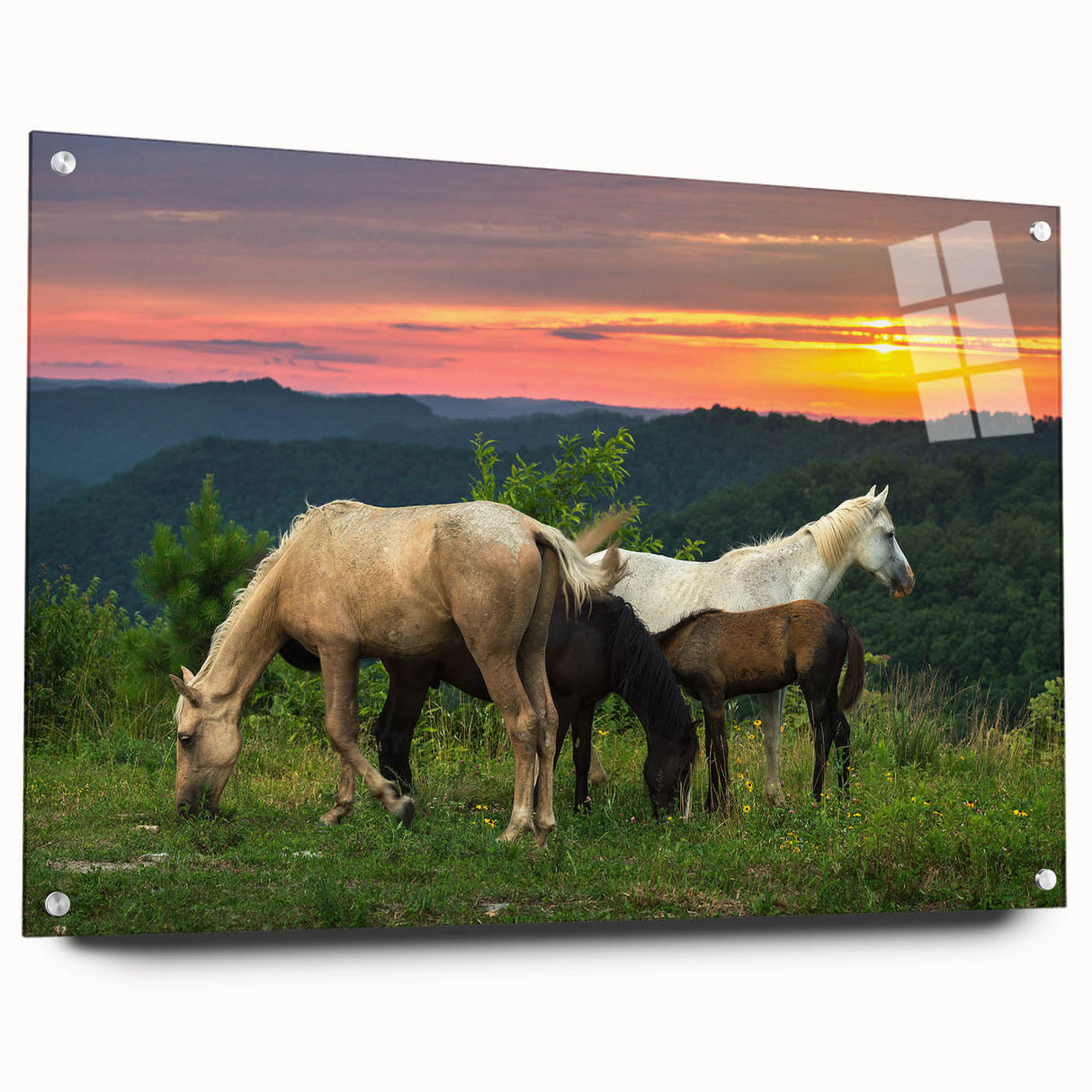 Large abstract wall art of Kentucky scenery in muted earth tones on acrylic glass, suitable for bedroom or dining room decor.