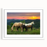 Abstract art print of Kentucky scenery in muted green and blue tones, framed with a white mat, ideal for dining room decor.