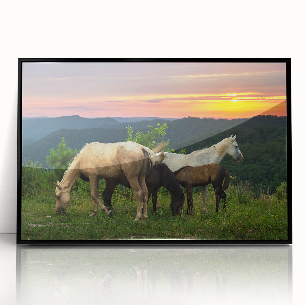 Large abstract wall art depicting a vibrant Kentucky landscape in mid-century modernist style, framed in black acrylic.