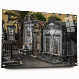 Acrylic print of a large abstract depiction of New Orleans in muted blues and greens, ideal for dining room decor.