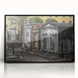 Large abstract wall art depicting a vibrant New Orleans scene in mid-century modernist style, framed in black acrylic.