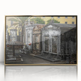 Framed acrylic print of New Orleans scenery in mid-century modernist style, with golden tones.
