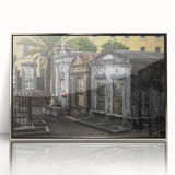 Mid-century modernist art depicting New Orleans in muted colors on a framed acrylic print, ideal for modern art wall decor.