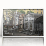 Art deco poster of New Orleans skyline in muted gray and blue tones, acrylic print framed in white.