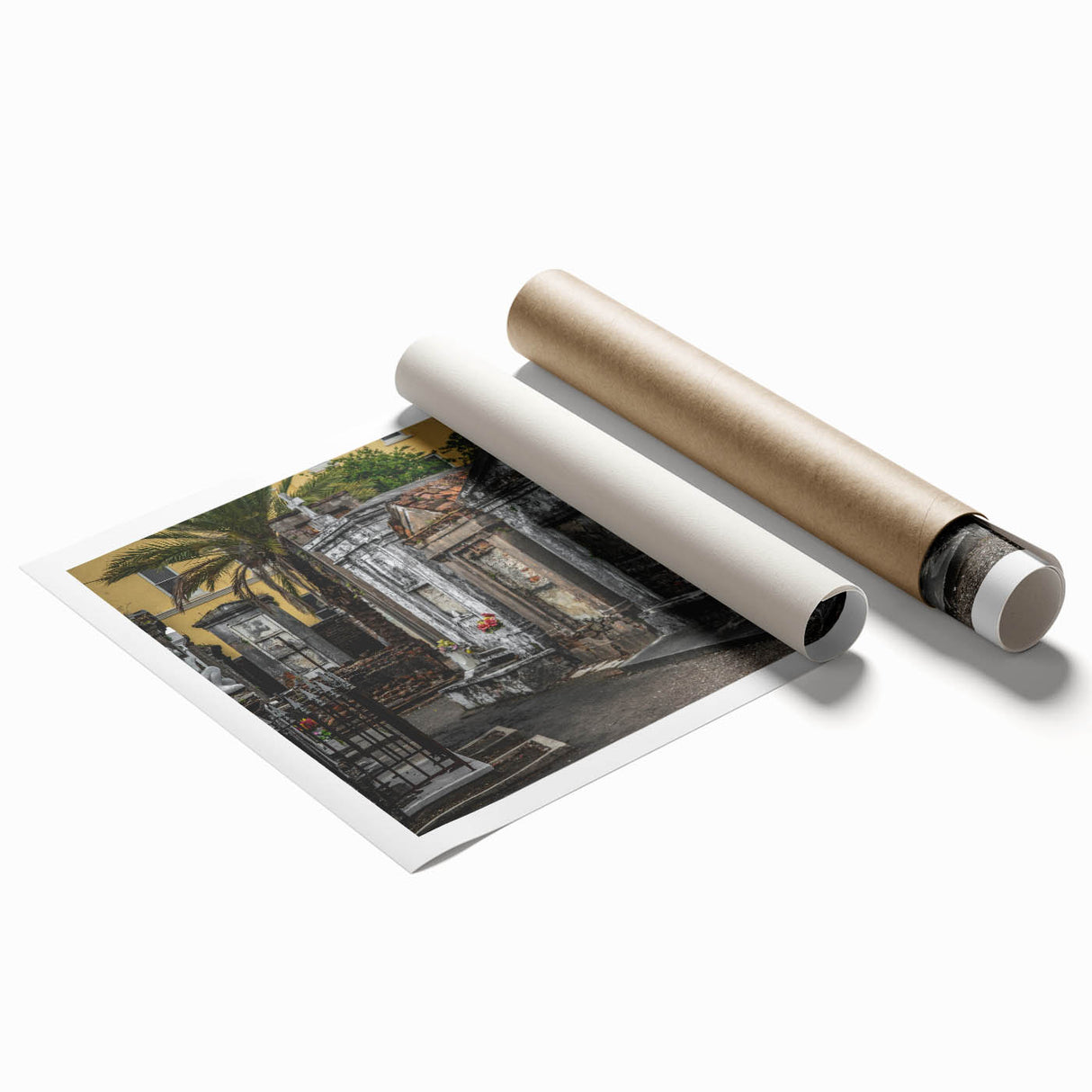 Extra large rolled print of New Orleans scenery with floral accents in muted colors, ideal for classy bathroom wall art.