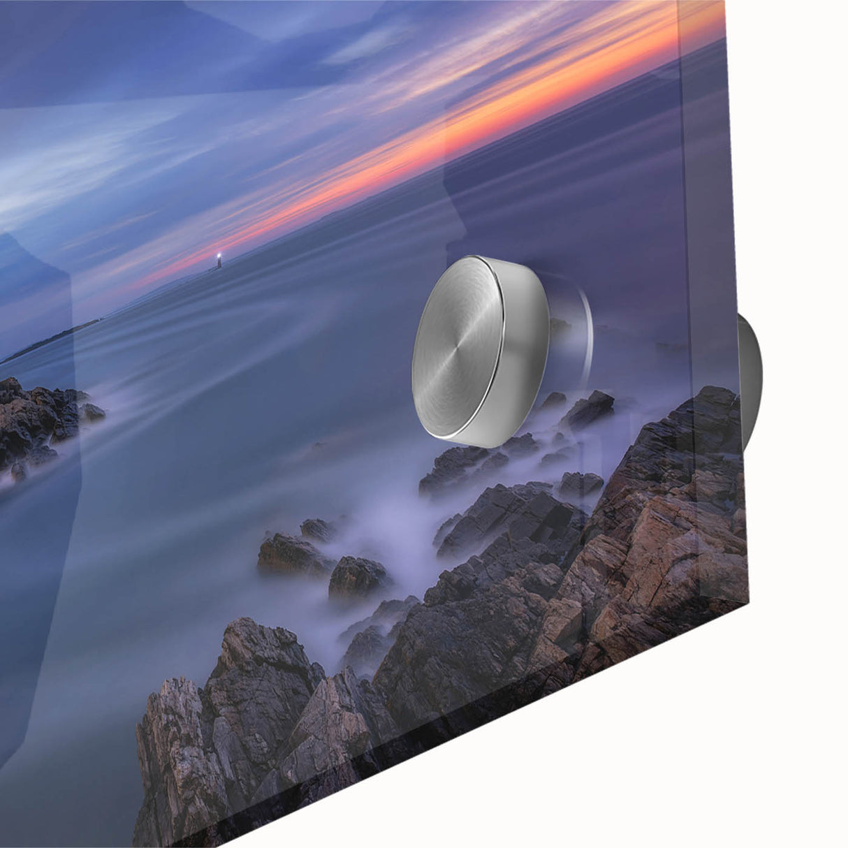 Large abstract wall art featuring a Maine coastal scene in muted blue tones on acrylic glass, ideal for dining room ambiance.