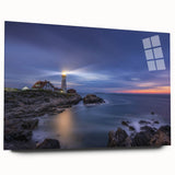 Large abstract wall art depicting a serene Maine landscape in soft blue and green hues on acrylic glass.