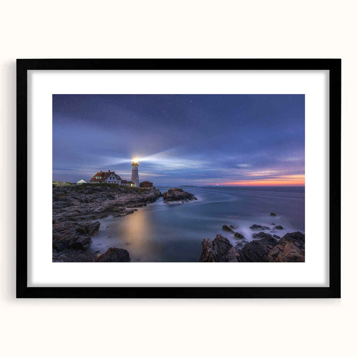 Extra large abstract art print featuring a colorful, textured Maine scenery on a black framed canvas.