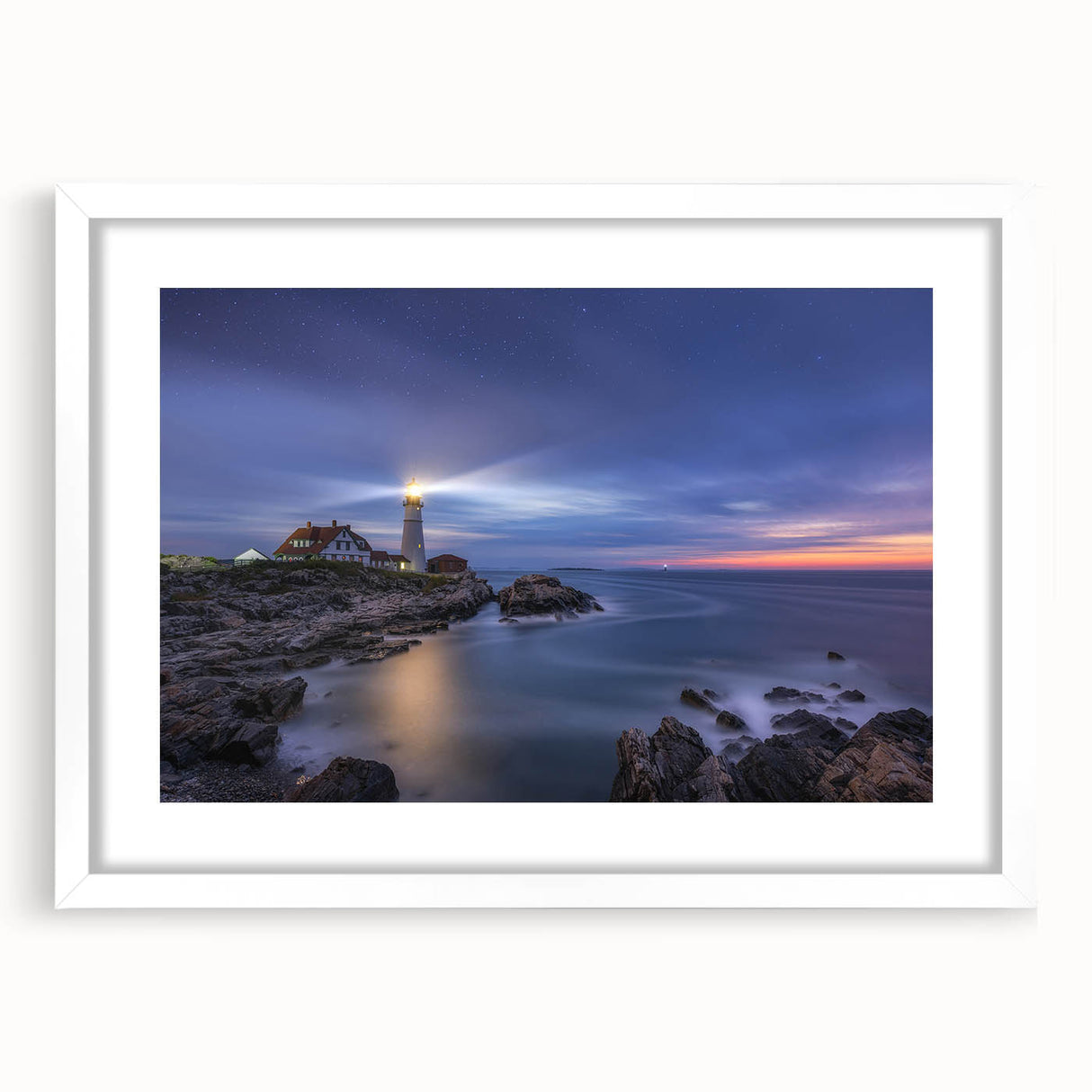 Abstract art print of a Maine landscape in muted blue and green tones on a framed white mat, ideal for dining room decor.