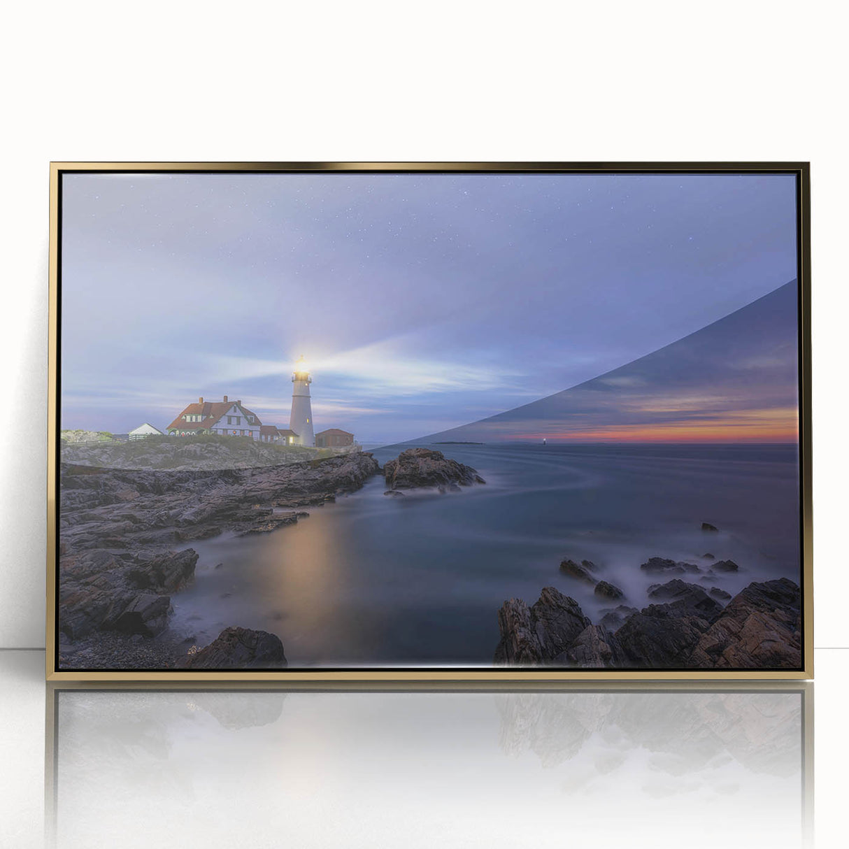 Acrylic print of a serene Maine landscape in soft pastel colors, framed in gold, suitable for nursery wall art.