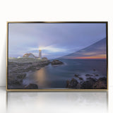 Acrylic print of a serene Maine landscape in soft pastel colors, framed in gold, suitable for nursery wall art.