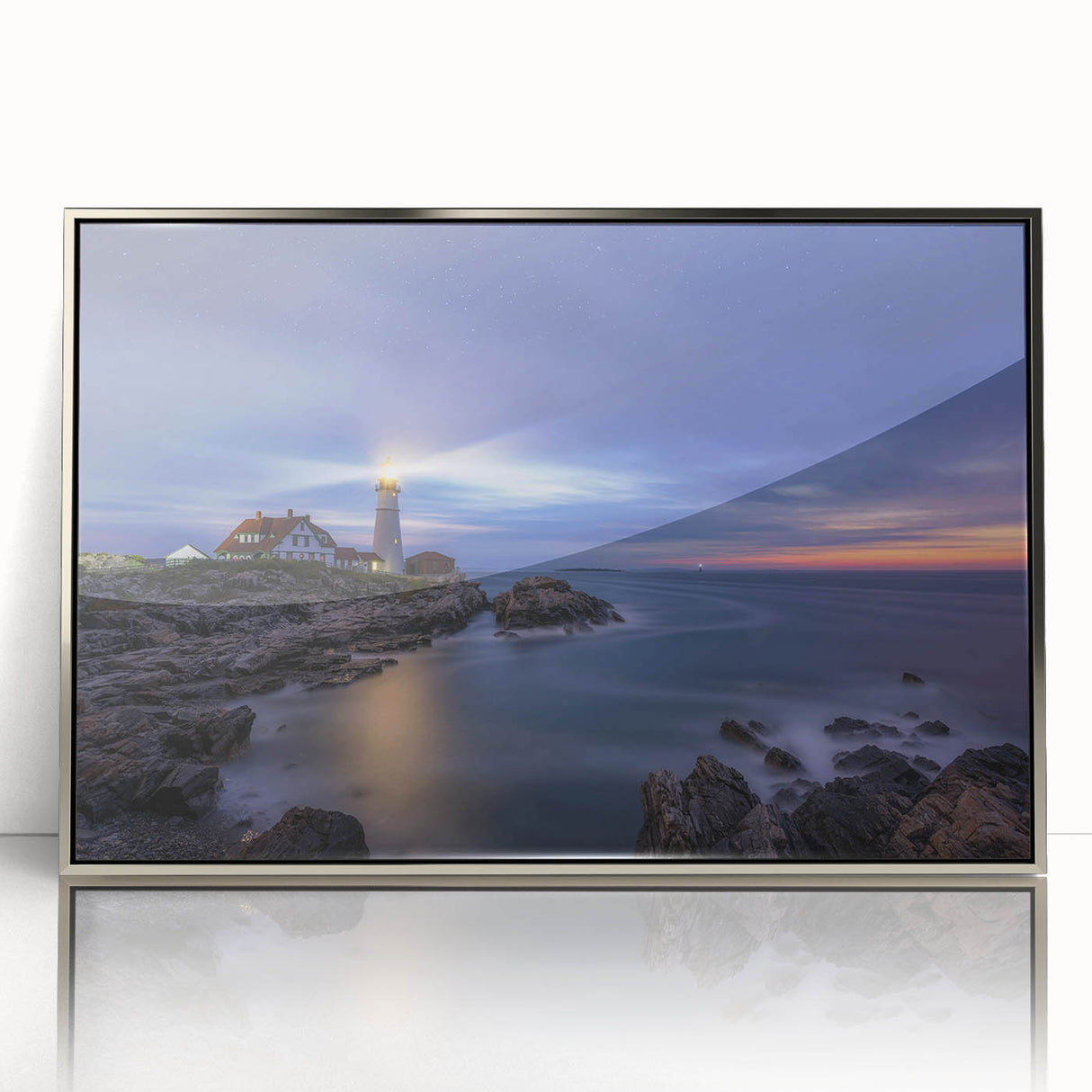 Mid-century modernist art depicting a serene Maine landscape in muted earth tones, framed in silver acrylic.