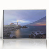 Acrylic print of a serene Maine landscape, featuring soft pastel tones, framed in white, suitable for modern nursery decor.