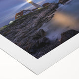 Art deco poster of Maine scenery in muted blue and green tones on rolled canvas, suitable for dining room wall art.