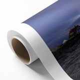 Art Deco poster of Maine scenery on rolled canvas, using cool blue and green tones, ideal for nursery wall art.