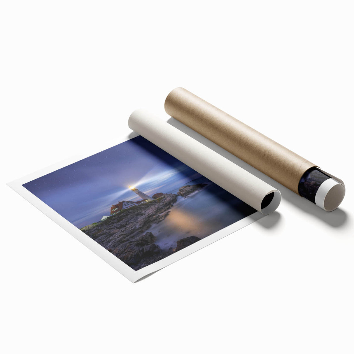 Extra large rolled print of Maine scenery with vibrant floral elements, ideal for classy bathroom wall art.