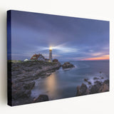 Side view of a stretched canvas featuring a serene Maine landscape in muted green and blue tones.