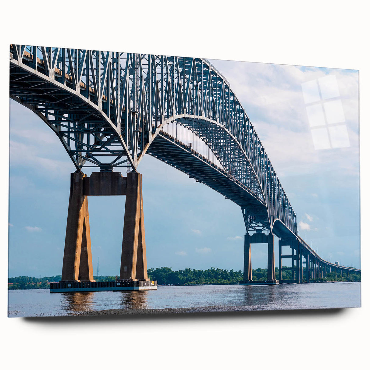 Large abstract wall art depicting Baltimore skyline in muted gray and blue tones on acrylic glass.