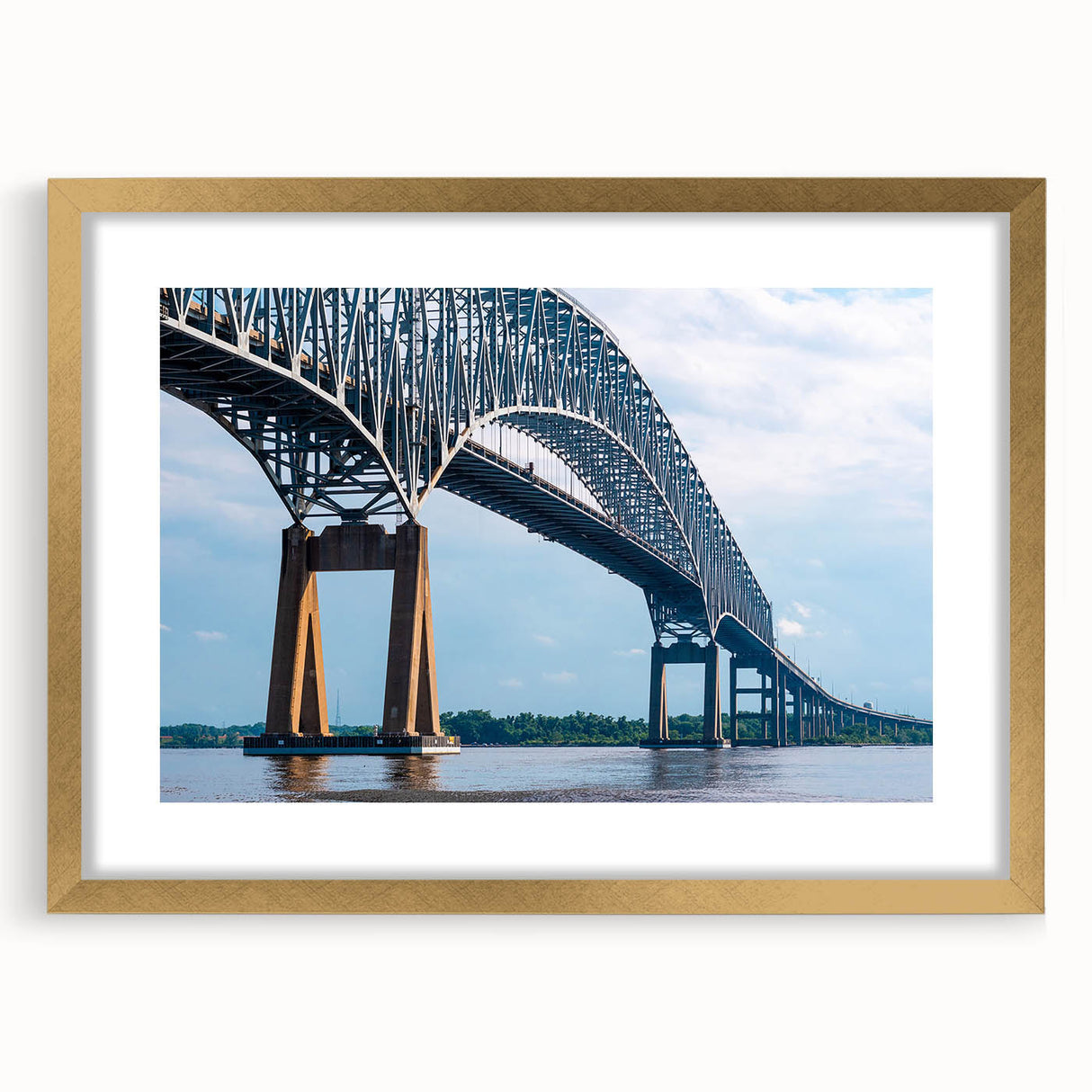 Extra large abstract art print of Baltimore scenery in muted earth tones on a textured canvas, framed in gold.