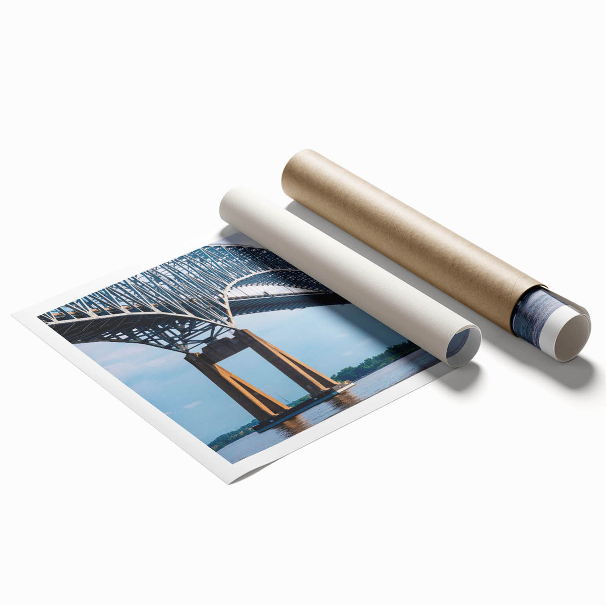 Extra large rolled print of Baltimore skyline with muted gray and blue tones, ideal for classy bathroom wall art.