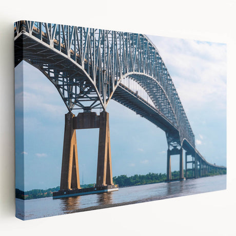 Large art print of the Baltimore skyline on stretched canvas, featuring muted blue and gray tones.