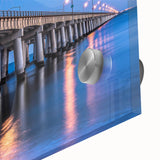 Large abstract depiction of Chesapeake Bay in muted blues and greens on acrylic glass, suitable as dining room art.