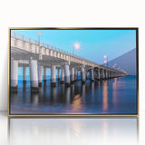 Large art print of Chesapeake Bay, Maryland, in mid-century modernist style with gold frame, ideal for modern art wall decor.