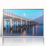 Art Deco style poster of Chesapeake Bay, Maryland, in muted blue and white tones on framed acrylic.