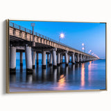 Framed canvas wall art depicting Chesapeake Bay in muted green and blue tones, ideal for bedroom decor.