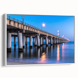 Vintage poster art of Chesapeake Bay in vibrant colors on a white framed canvas, ideal for living room decor.