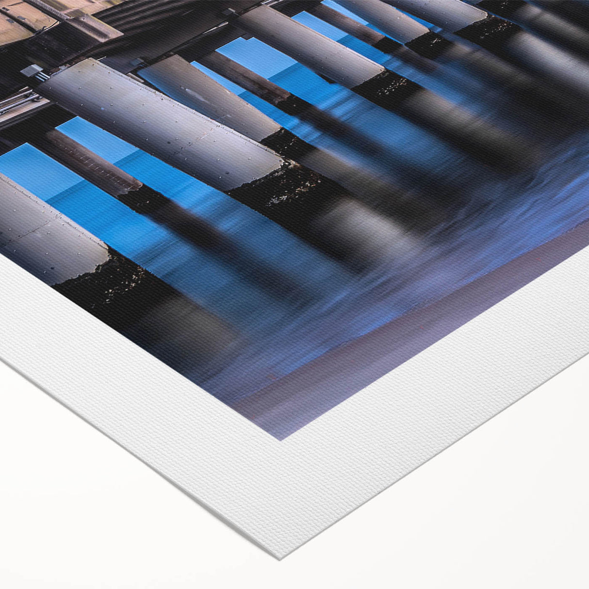 Art deco poster of Chesapeake Bay in muted blue and gray tones on rolled canvas, suitable for dining room decor.