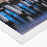 Art deco poster of Chesapeake Bay in muted blue and gray tones on rolled canvas, suitable for dining room decor.