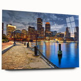 Acrylic print of a large abstract depiction of Boston's skyline in cool blue and gray tones.