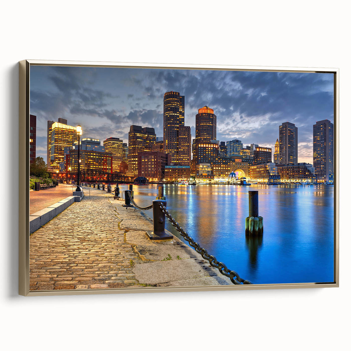 Framed canvas of a vintage-style Boston landscape in black and gold tones, ideal for bedroom wall art.
