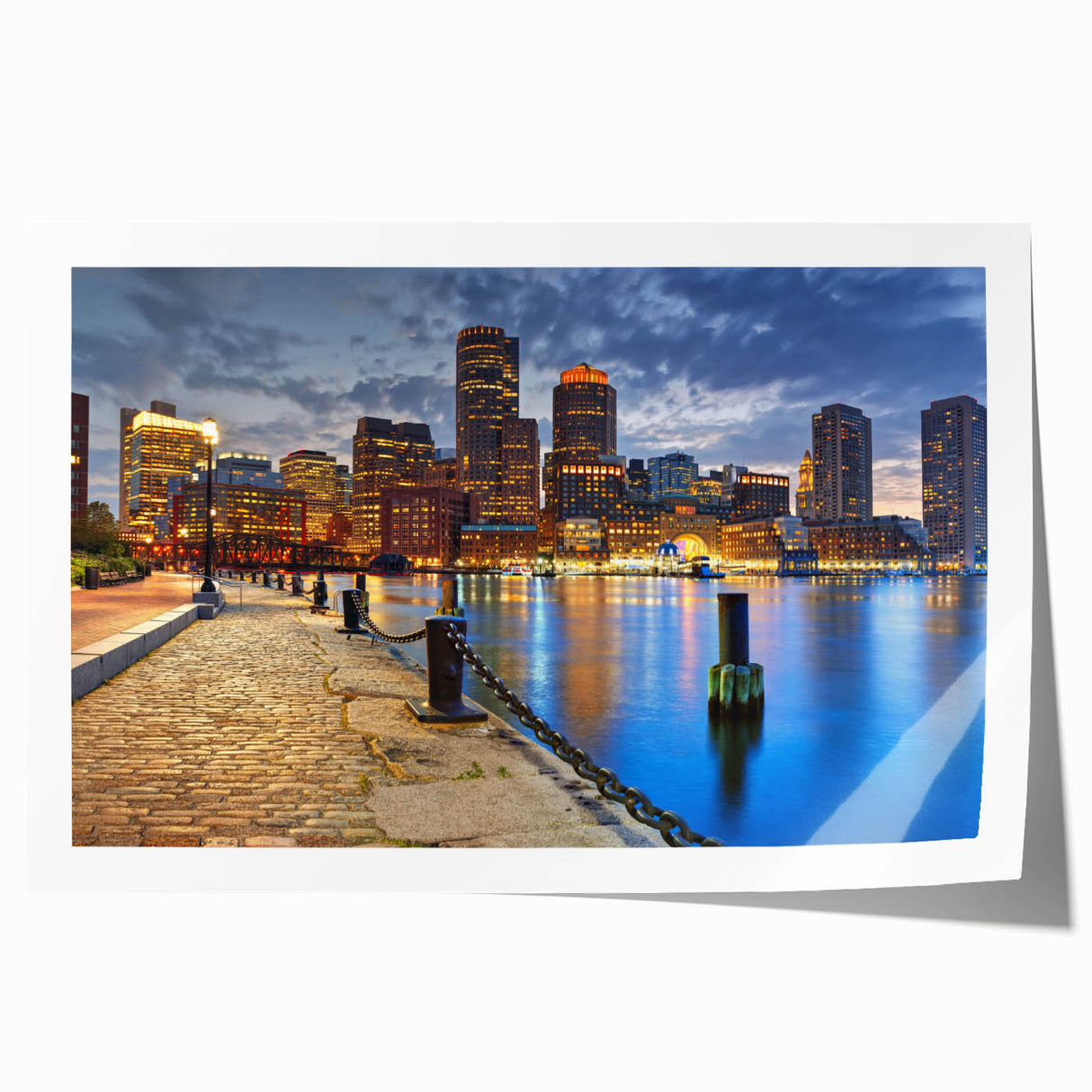 Rolled print of Boston skyline in muted blues and grays, ideal for dining room wall art.